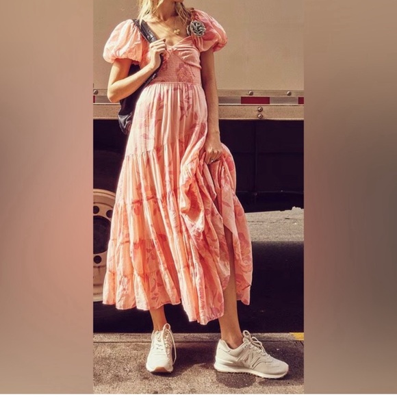 Free People Short Sleeve Sundrenched Maxi Dress In Pinky Combo Size M - Picture 3 of 9